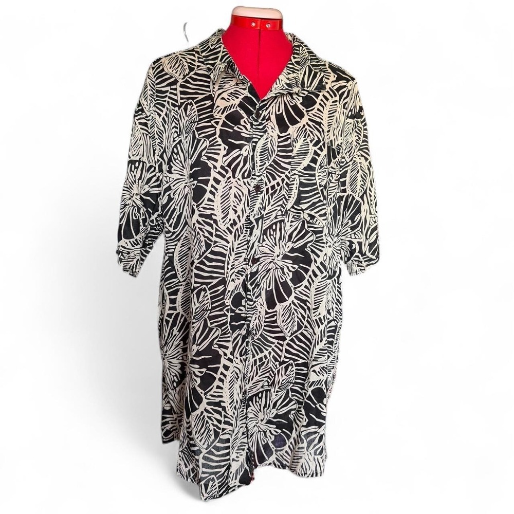 LulaRoe Mens 2XL Black Tan Monstera Tropical Leaf Rayon Button Up Shirt